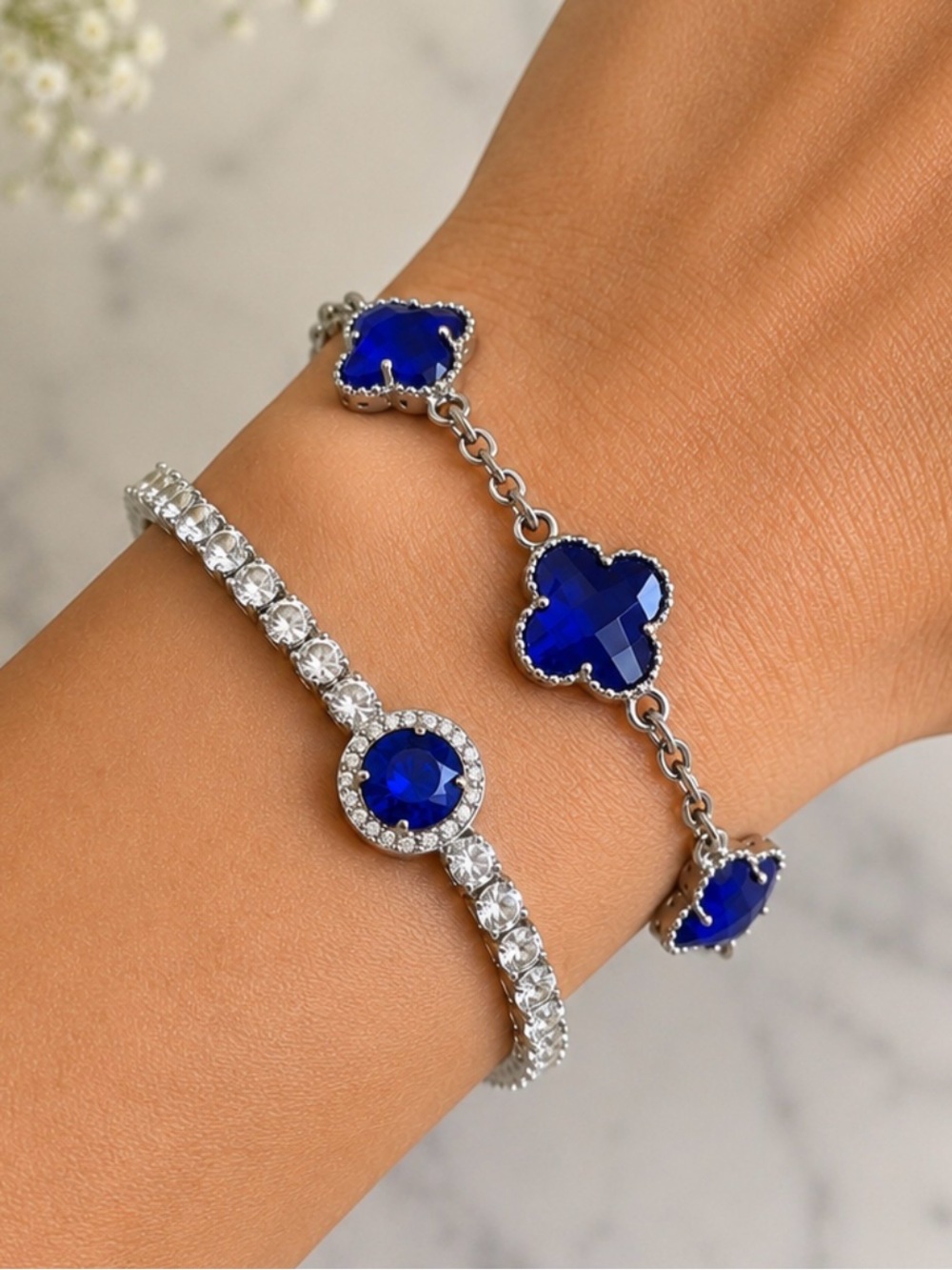 2 Bracelet Bundle:New Blue Clover Crystal Bracelet AND matching Tennis bracelet
